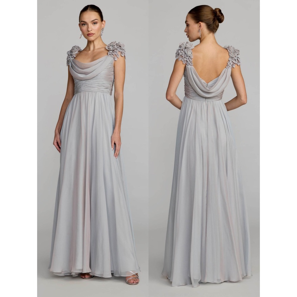 NWT Mac Duggal Gray Chiffon Cowl Neck Embellished Cap Sleeve Gown - Size 14
